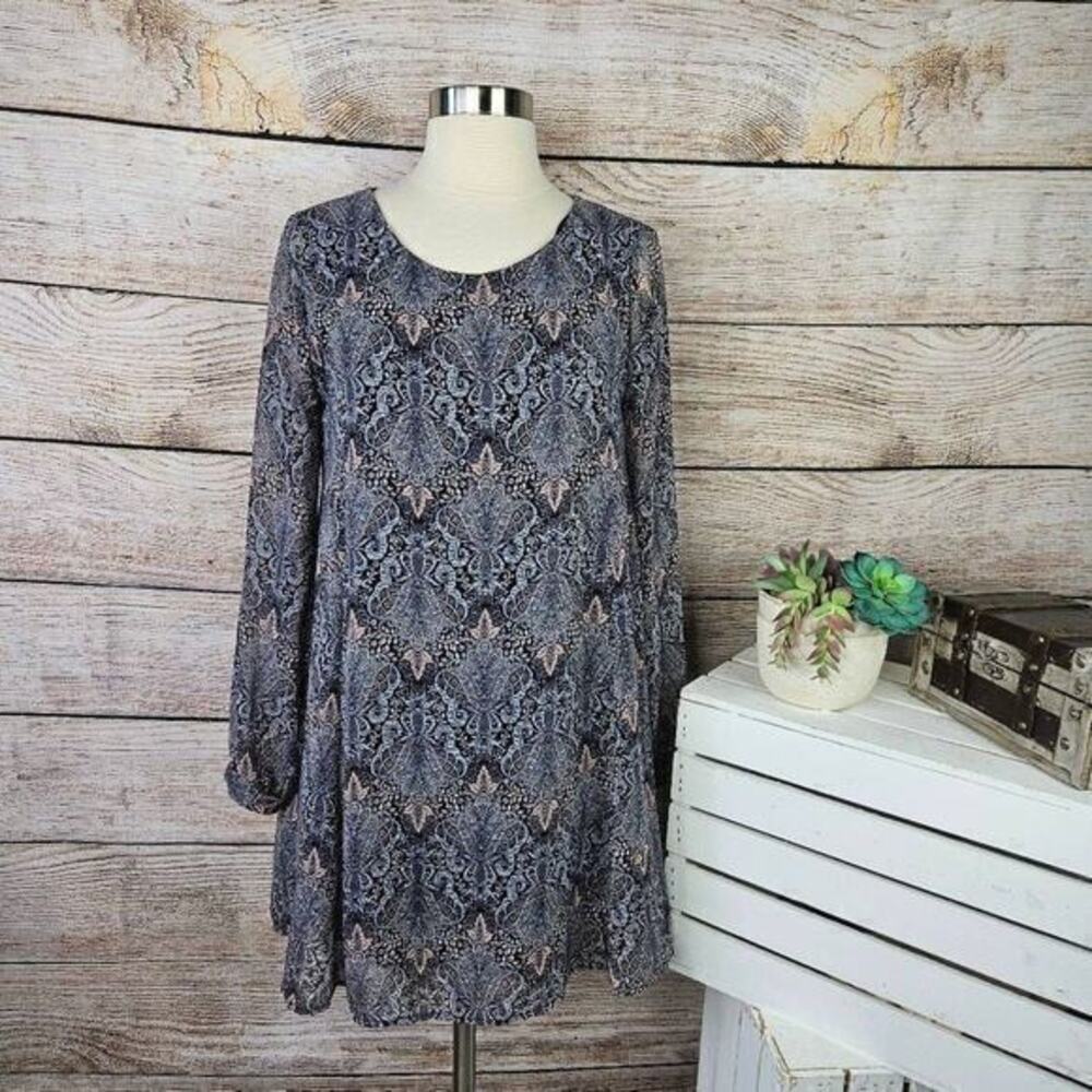 ASTR Floral Long Sleeve Lined Navy Button Cuff Shift Dress‎ Size Extra Small